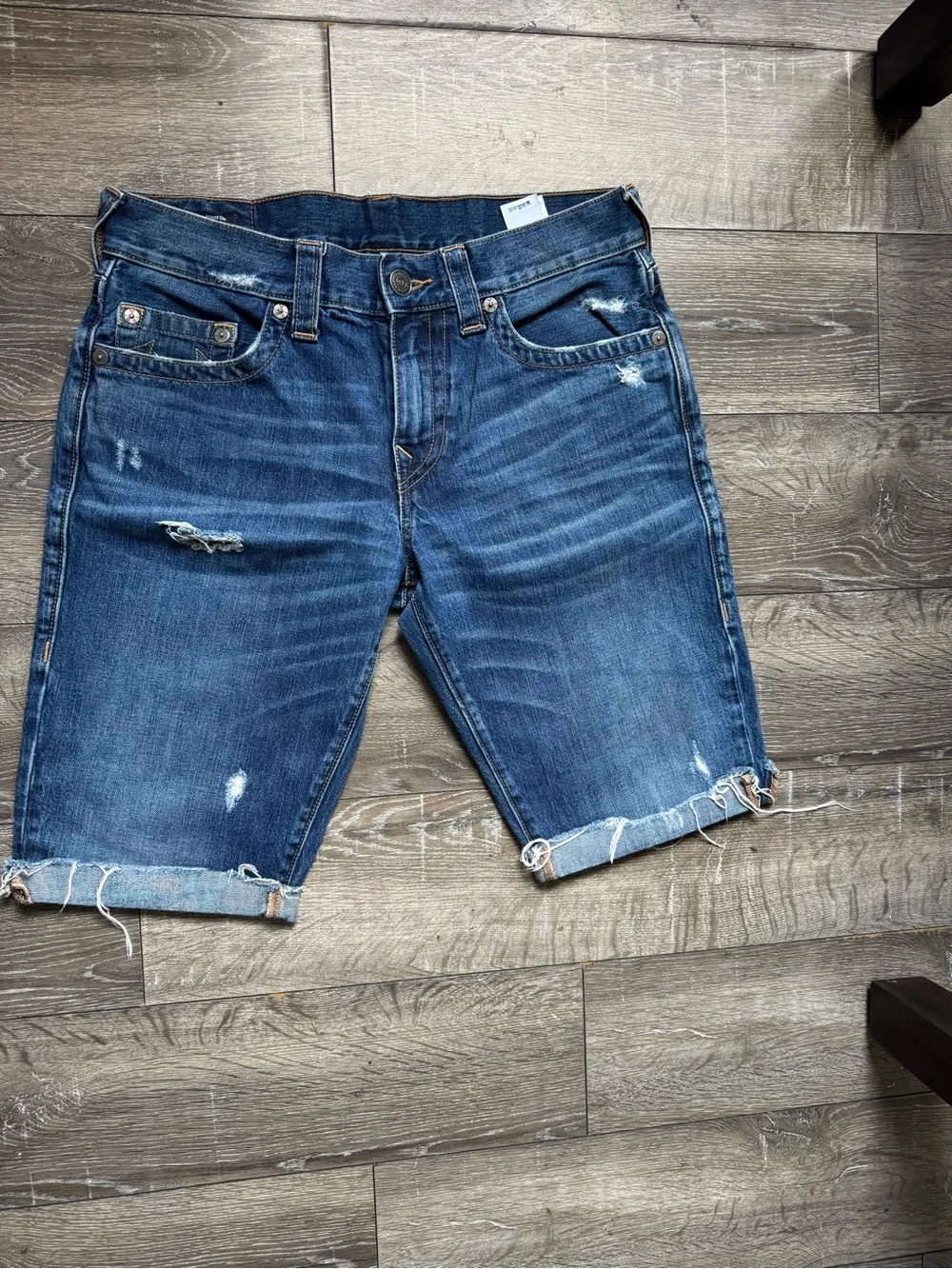 True Religion Men's Distressed Dark Blue Denim Shorts